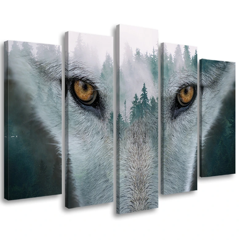 Wandbild 5-teilig, Wolf Wald Nebel Natur Bäume 
