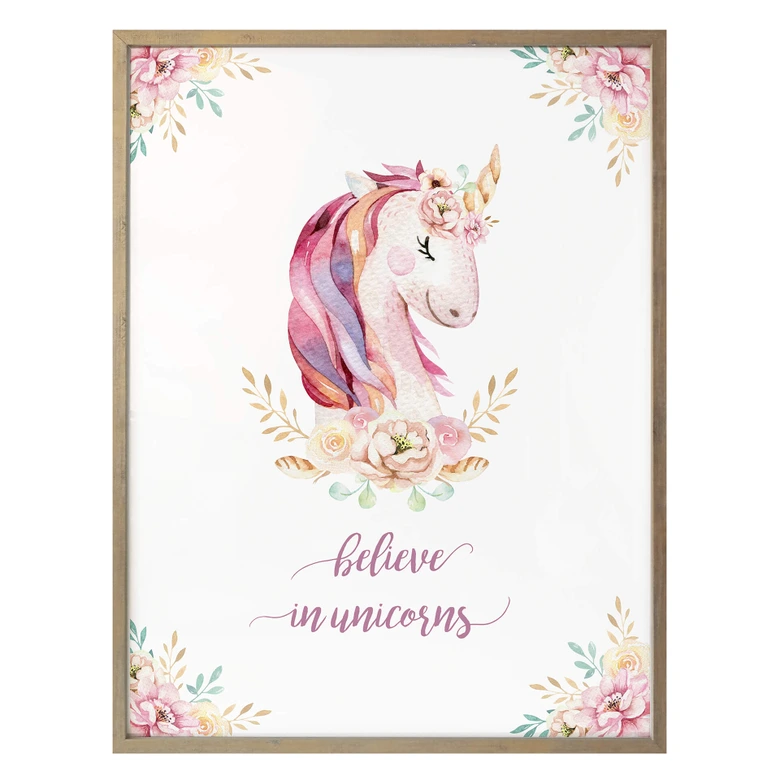 Poster Kvilis - Believe in Unicorns - Einhorn mit Blumen 