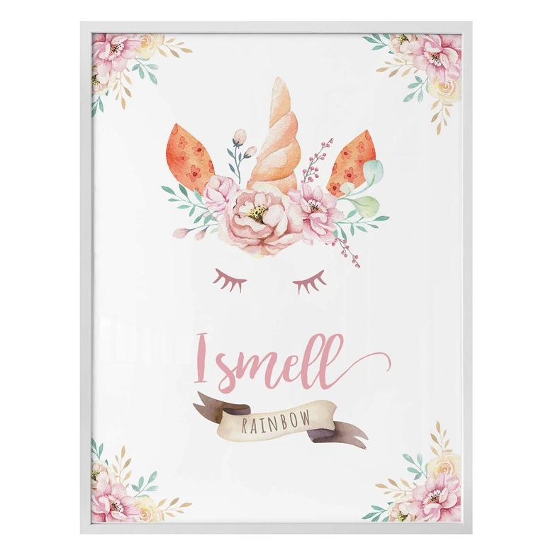 Poster Kvilis - I smell Rainbow - Einhorn mit Blumen und Wimpern 