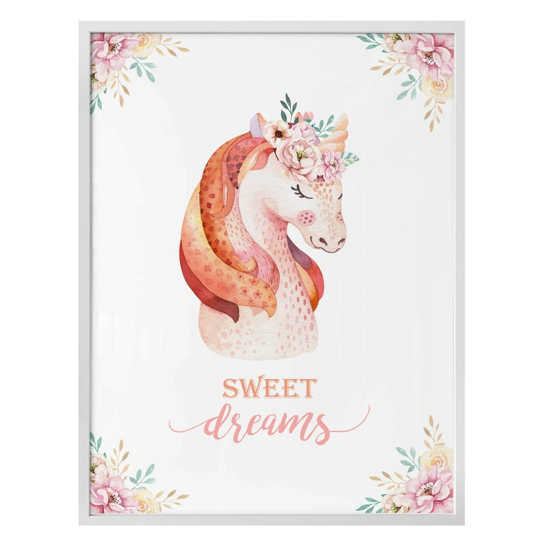 Poster Kvilis - Sweet Dreams - Einhorn mit Blumenkranz 