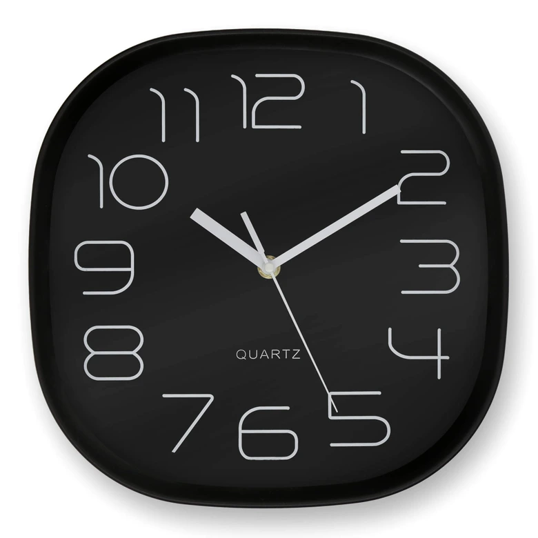 Minimalistische, moderne Wanduhr mit runden Ecken, schwarz | 29x29 cm 