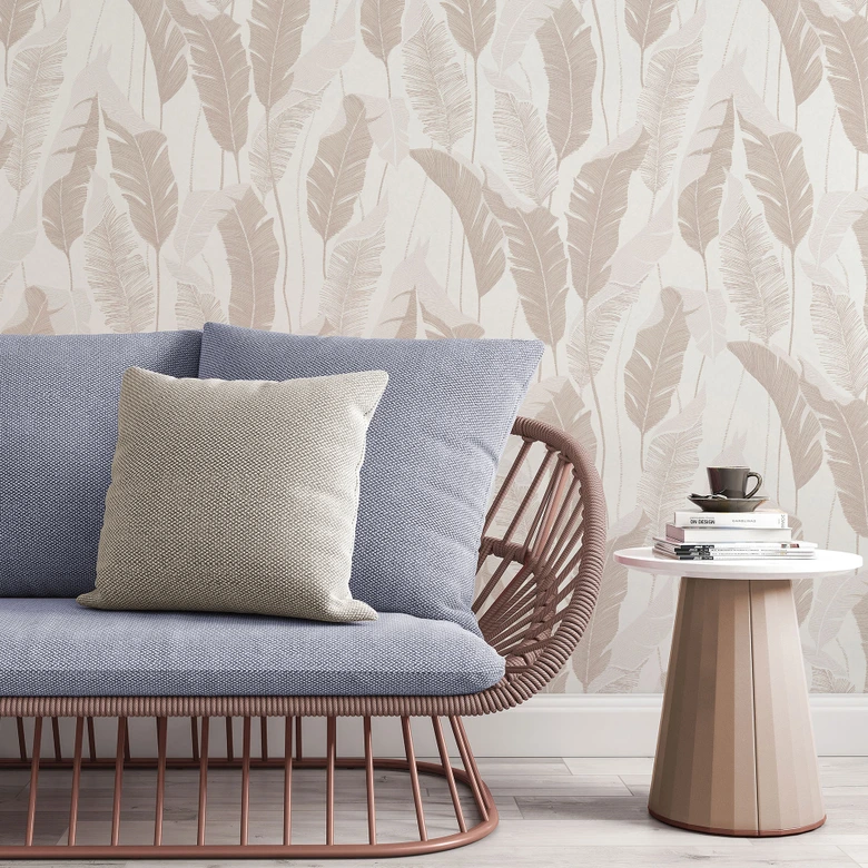 PVC-fri non-woven tapet med bladmotiv i beige 