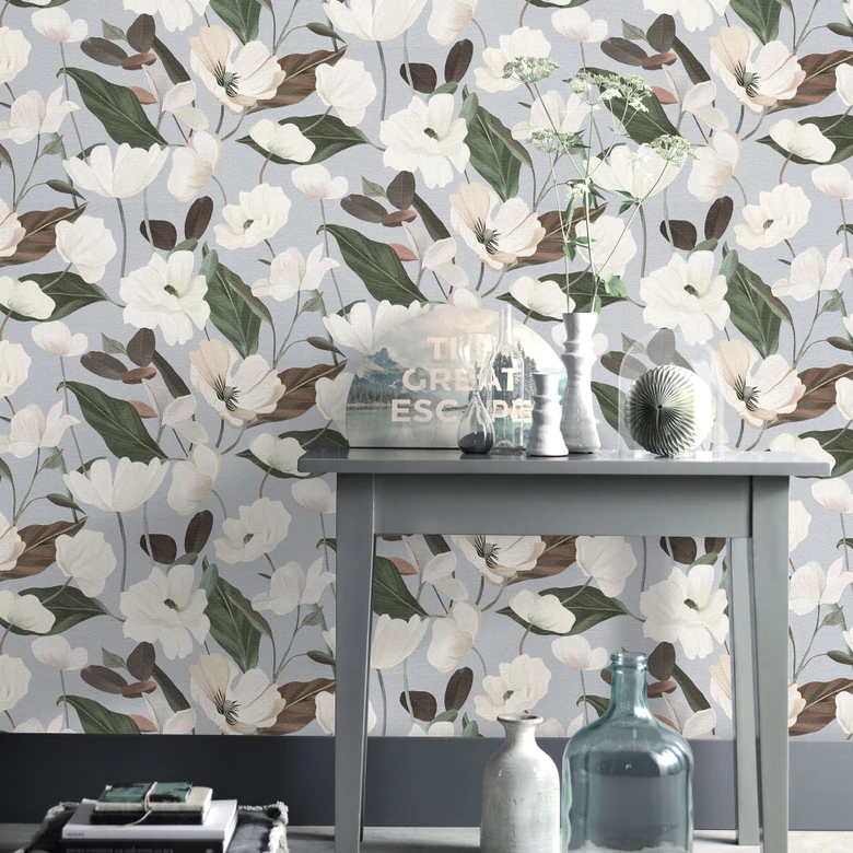 Icke-vävd tapet, tapet med blommotiv Secret Garden grå 