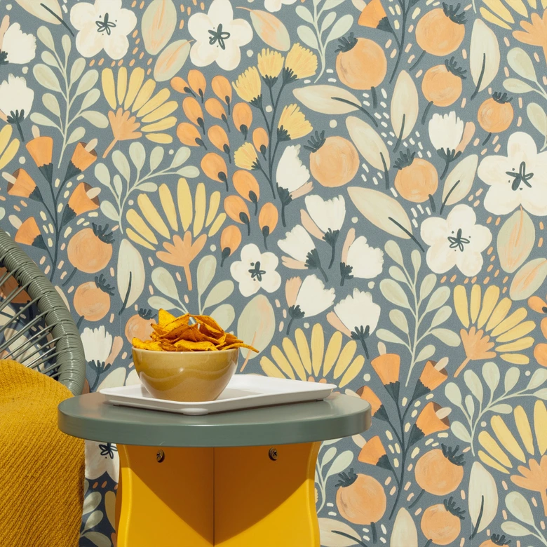 Vliesbehang, behang met bloemmotief La Terrasse blauw 