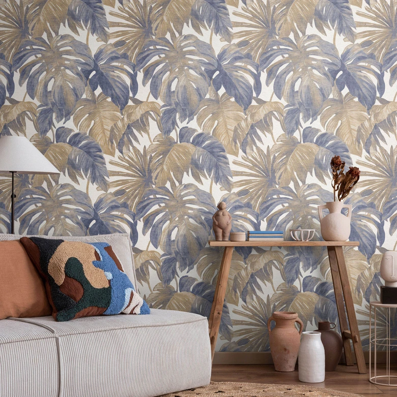 Vlies Tapete Tropische Blätter in Blau Beige mit Monstera Look modern elegant 
