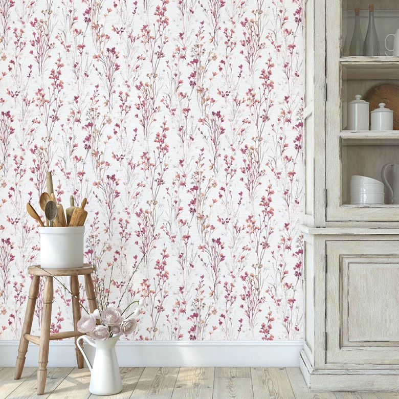 Tapete Vlies mit zarten Wiesenblumen in Rosa Weiß als florale Naturtapete 