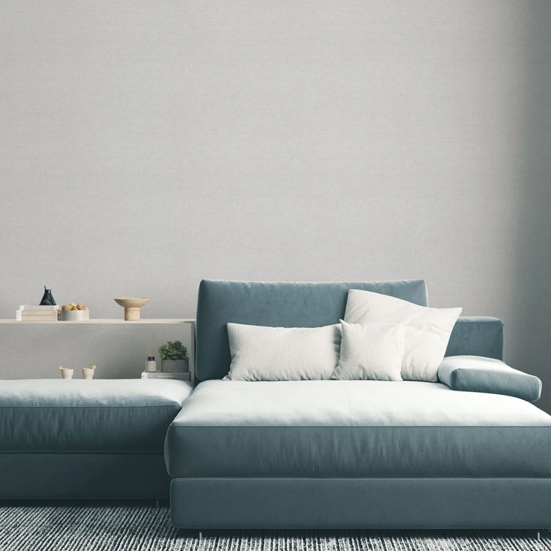 Tapete aus Vlies Uni Hellgrau mit feiner Leinenstruktur dezent modern und elegant 