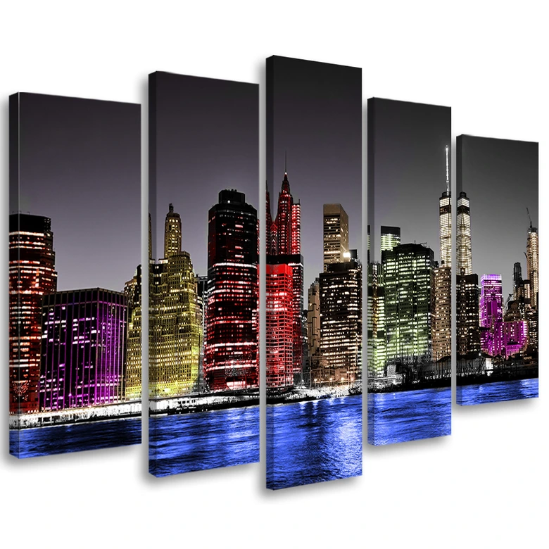 Leinwandbild 5 teilig, Architektur New York Nacht 