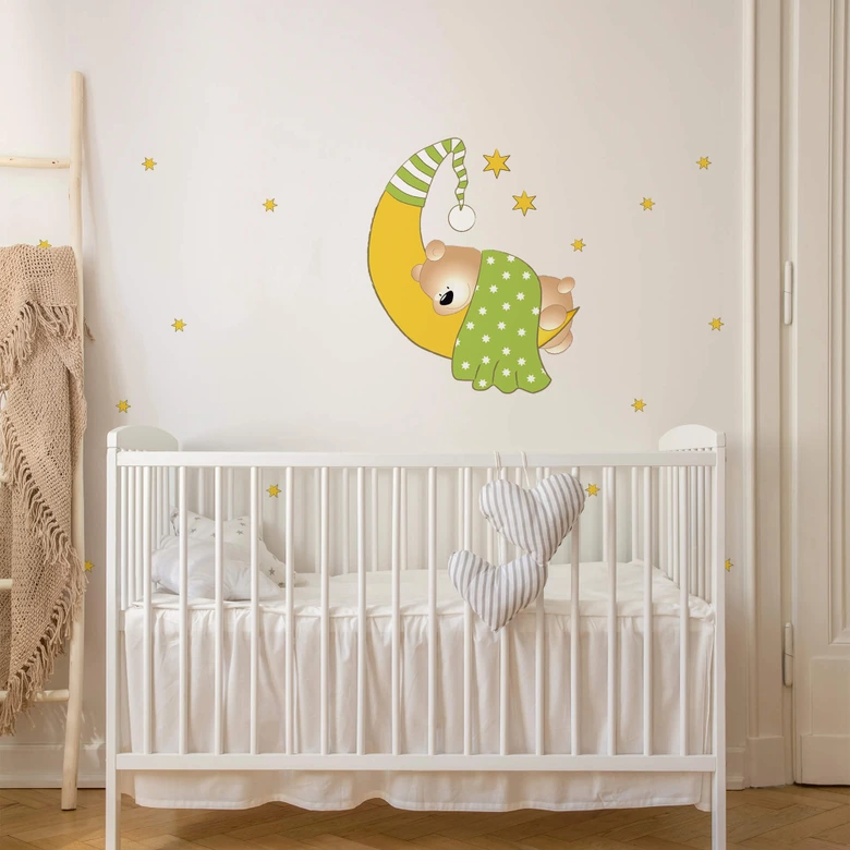 Wandtattoo Bärchen, Mond und Sterne (grün) 