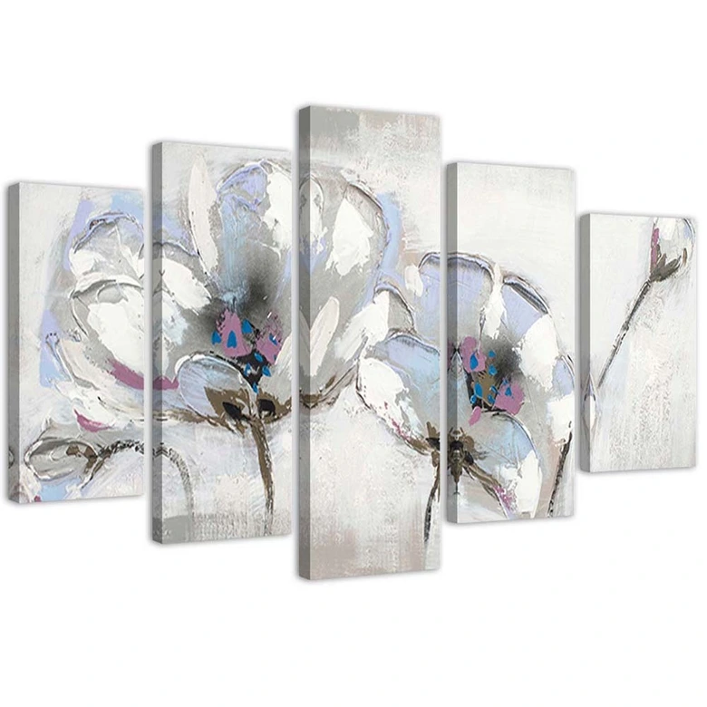 Wandbild 5-teilig, Gemalte Blumen Weiß 