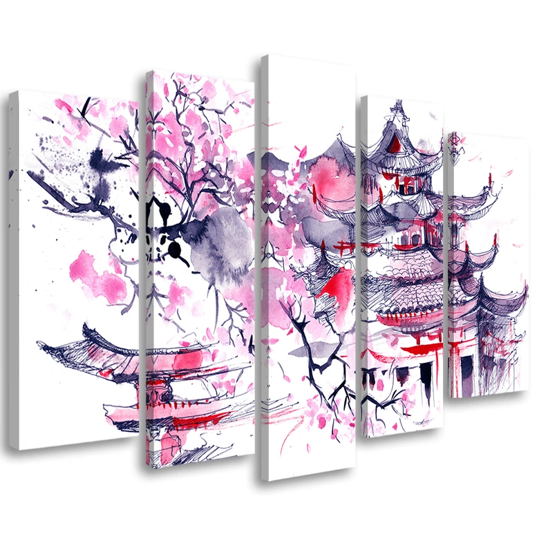 5 stykke lærredstryk, Pagoda Cherry Tree Japan Painted 