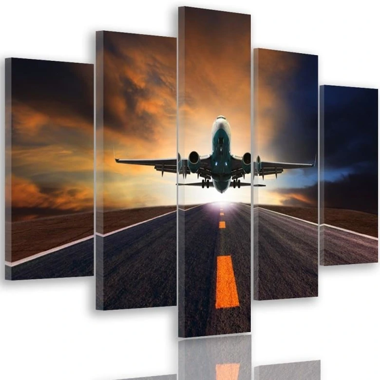 Leinwandbild 5 teilig, Sonnenuntergang Flugzeug 
