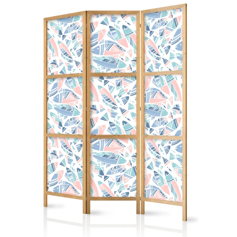 Japanischer Paravent, Raumteiler freistehend, Trennwand - Fish in Aztec Style in Pastel Color Shade 