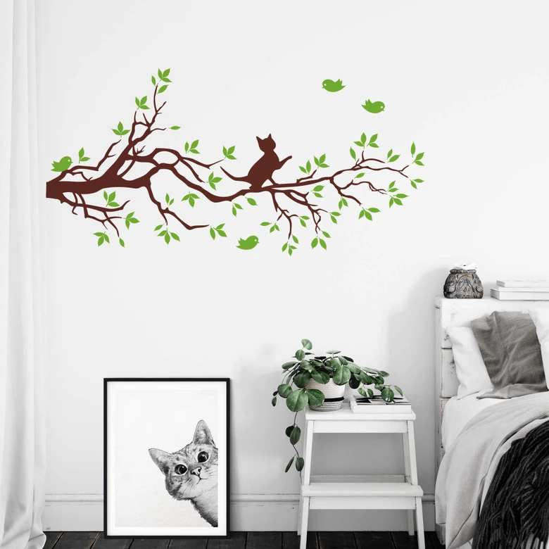 Sticker mural - Rameau et chatons (bicolore) 