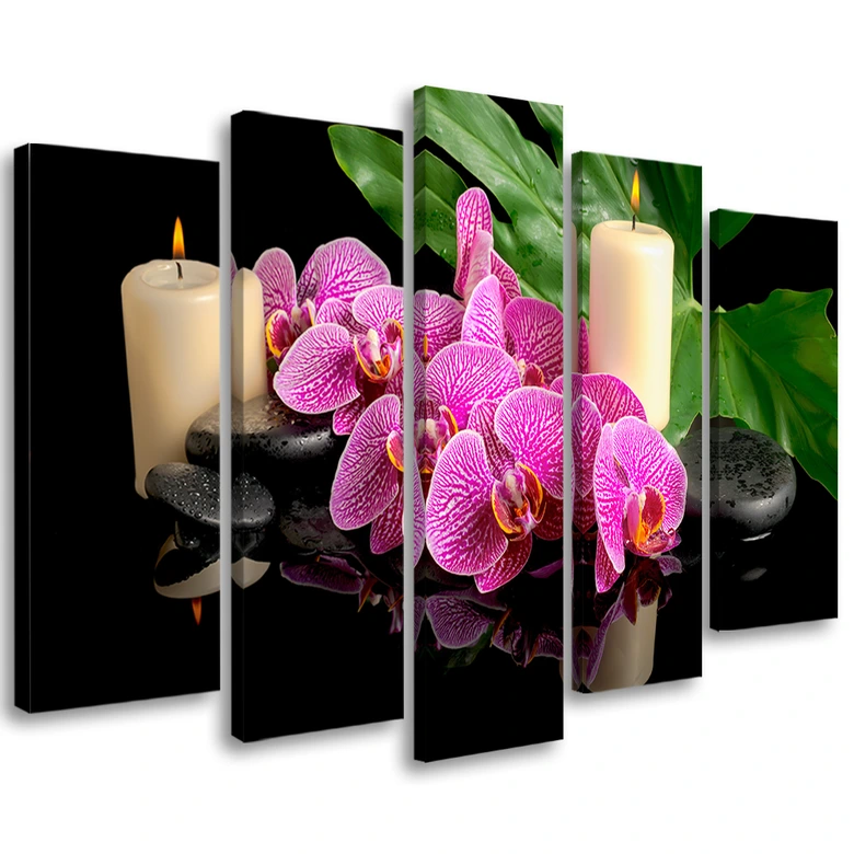 Leinwandbild 5 teilig, Orchidee Orchideen-Kerzen 