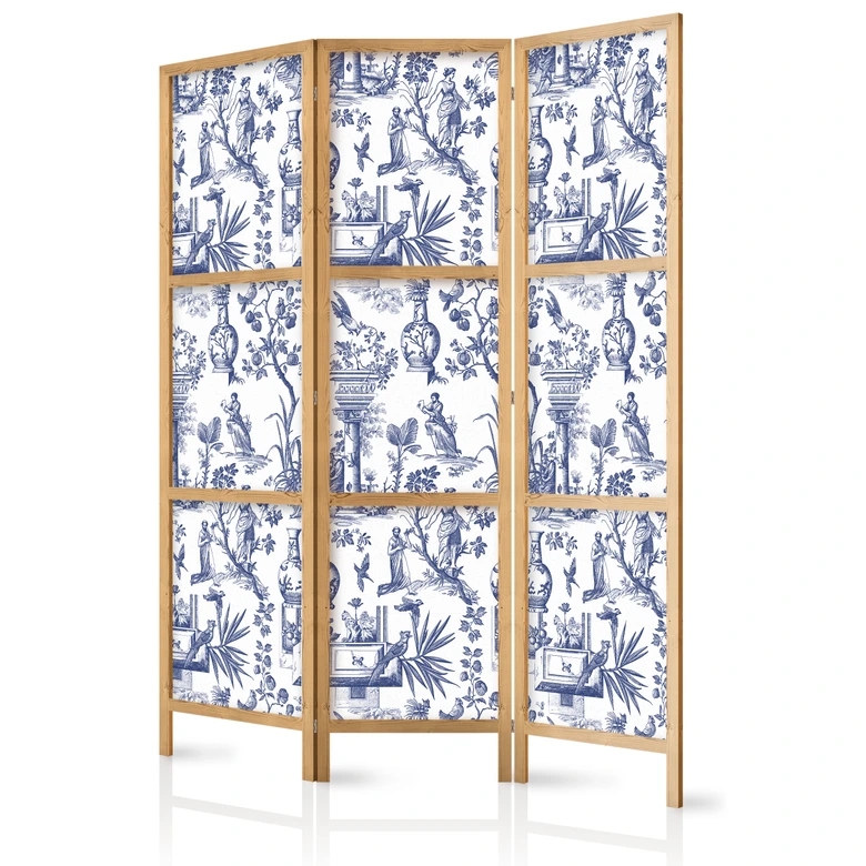 Japanischer Paravent, Raumteiler freistehend, Trennwand - Rome and Botany: Blue Greek and Plant Pattern 