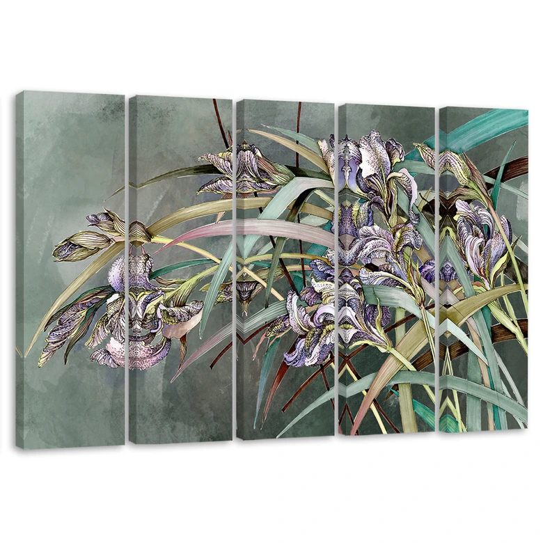 Leinwandbild 5 teilig, Iris Blumen im Wind 