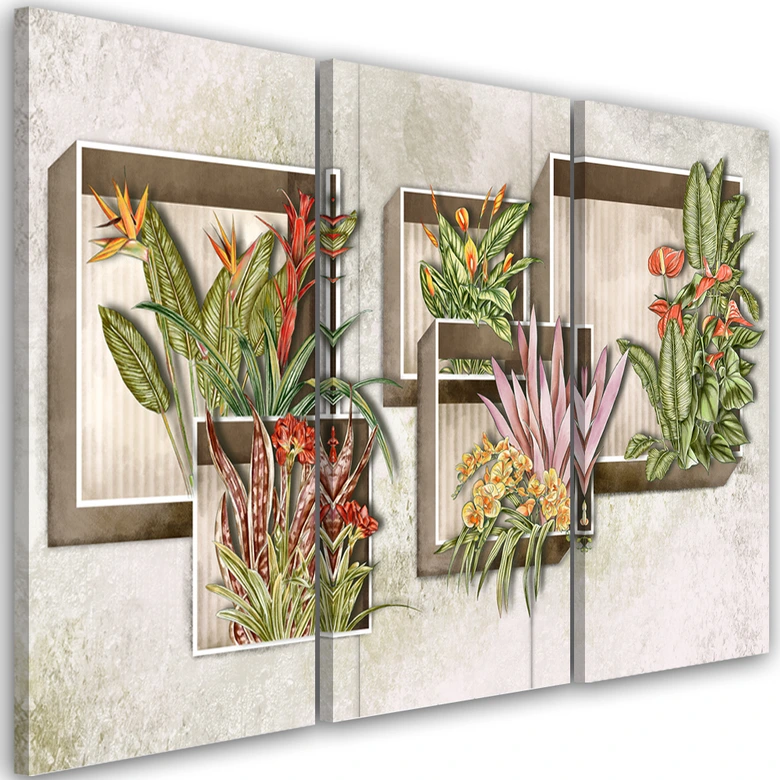 Leinwandbild 3 teilig, Quadratkisten Regale mit Blumen 