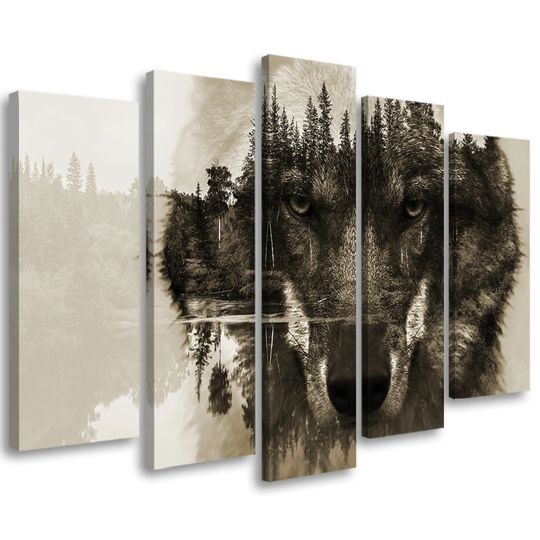 Leinwandbild 5 teilig, Wolf Tiere Schwarz Weiß 
