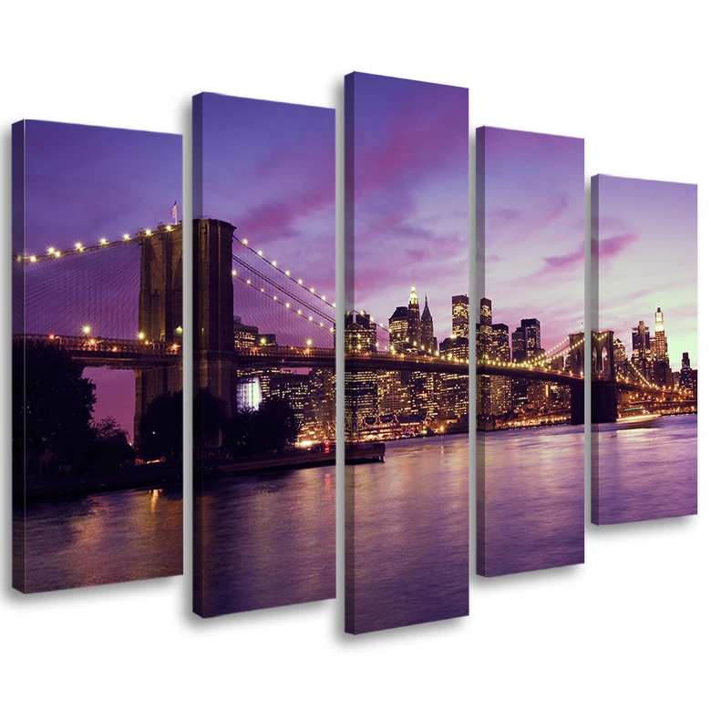 Wandbild 5-teilig, New York Brooklyn Bridge Lila 
