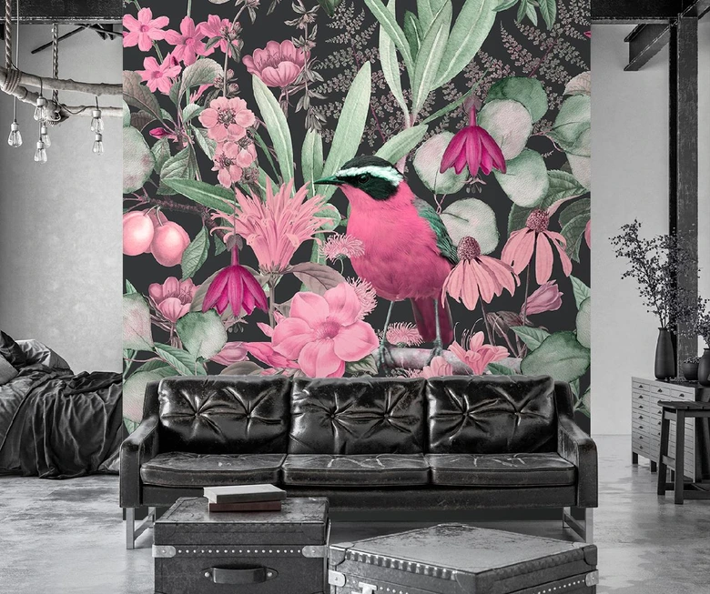 Fototapete, Vogel Dschungel Exotisch Pflanzen Rosa - Andrea Haase 