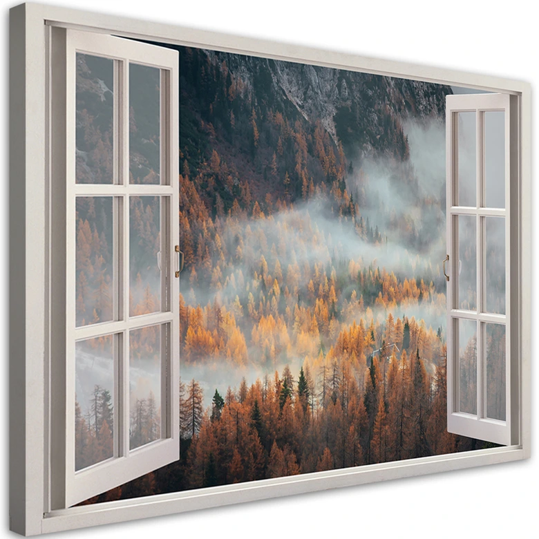 Canvas schilderij, venster uitzicht bos in de mist bergen 