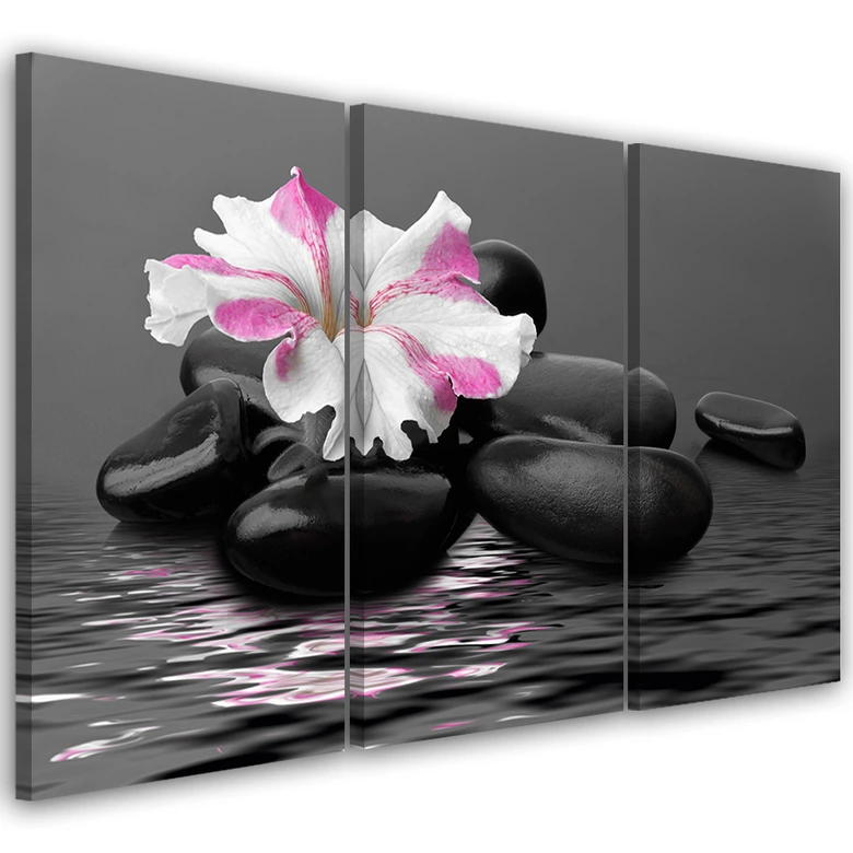Leinwandbild 3-teilig, Rosa Zen-Blütensteine 