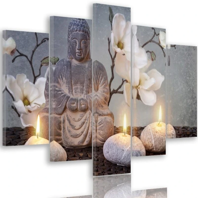 Leinwandbild 5 teilig, Buddha Zen-Steine Blumen 