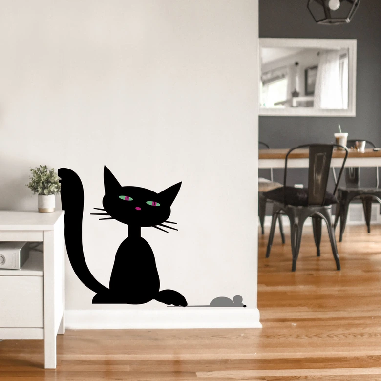 Sticker mural - Chat noir avec souris 1 