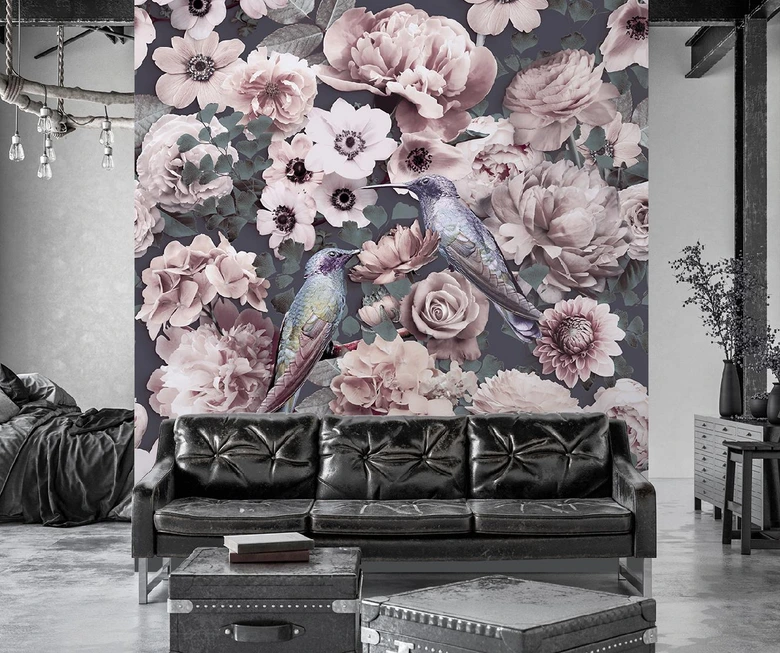 Fototapete, Tropische Vögel Blätter Rosa Blumen Abstrakt - Andrea Haase 