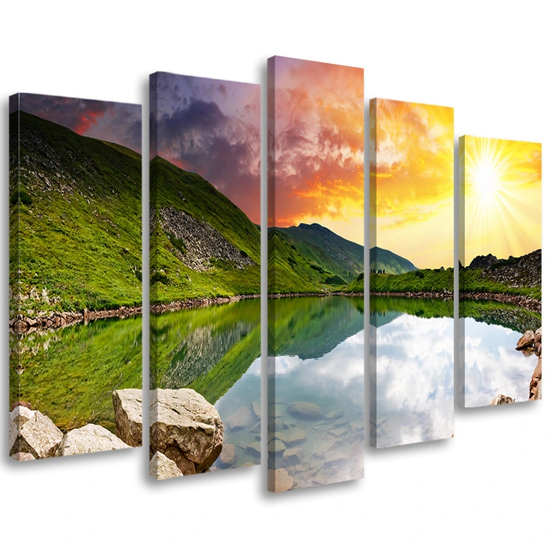 Wandbild 5-teilig, Sonnenuntergang Landschaft See 