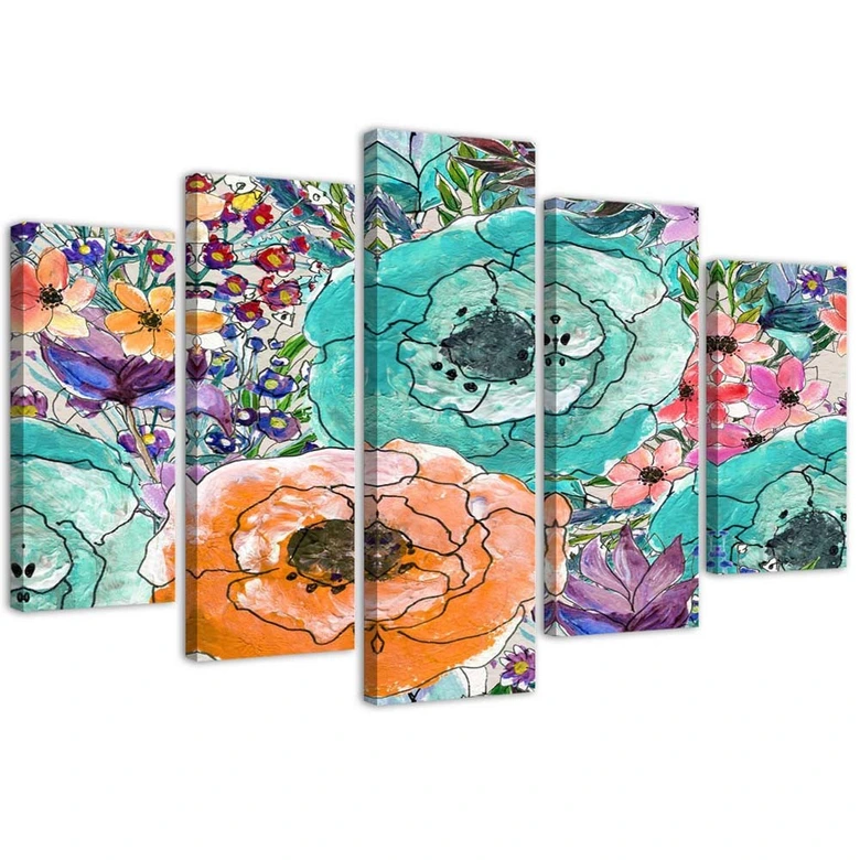 Leinwandbild 5 teilig, Bunte Blumen Abstrakt 