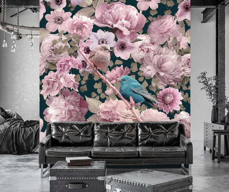 Fototapete, Blauer Vogel auf einem Hintergrund aus rosa Rosen - Andrea Haase 