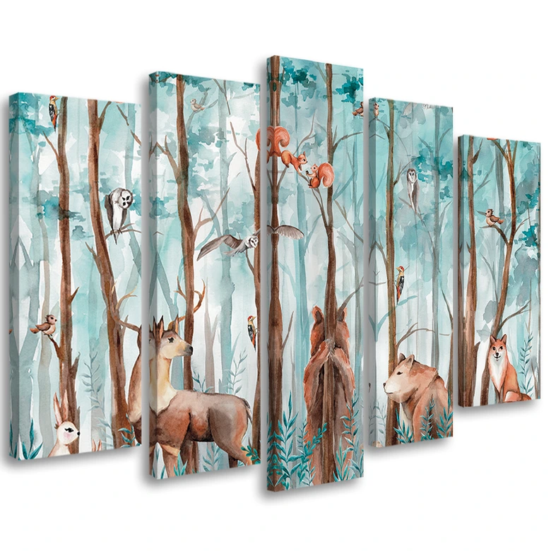 Leinwandbild 5 teilig, Waldtiere Hirschbär Fuchs 