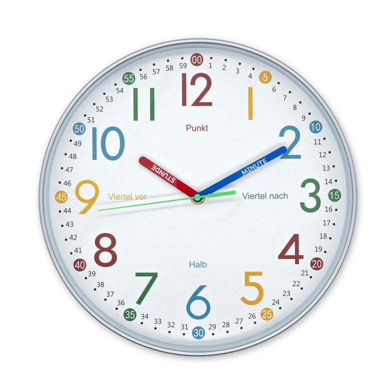 Analoge Lernuhr Kinderzimmer Wanduhr leise Kinderuhr für Grundschulkinder Metall-Optik Ø30 cm 
