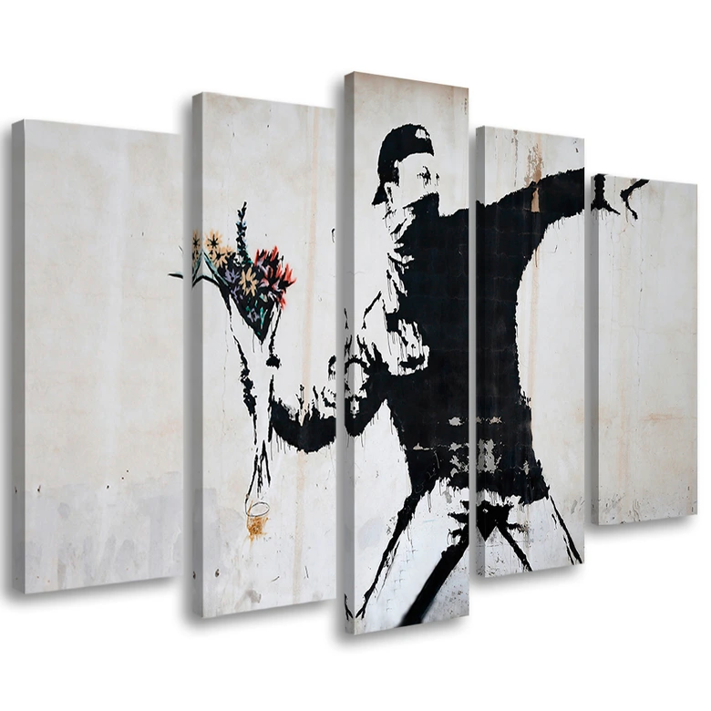 Leinwandbild 5 teilig, Banksy Graffiti Kunst Blumen 