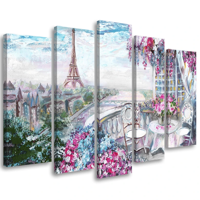 Leinwandbild 5 teilig, Pariser Eiffelturm - Landschaft - Pastell 