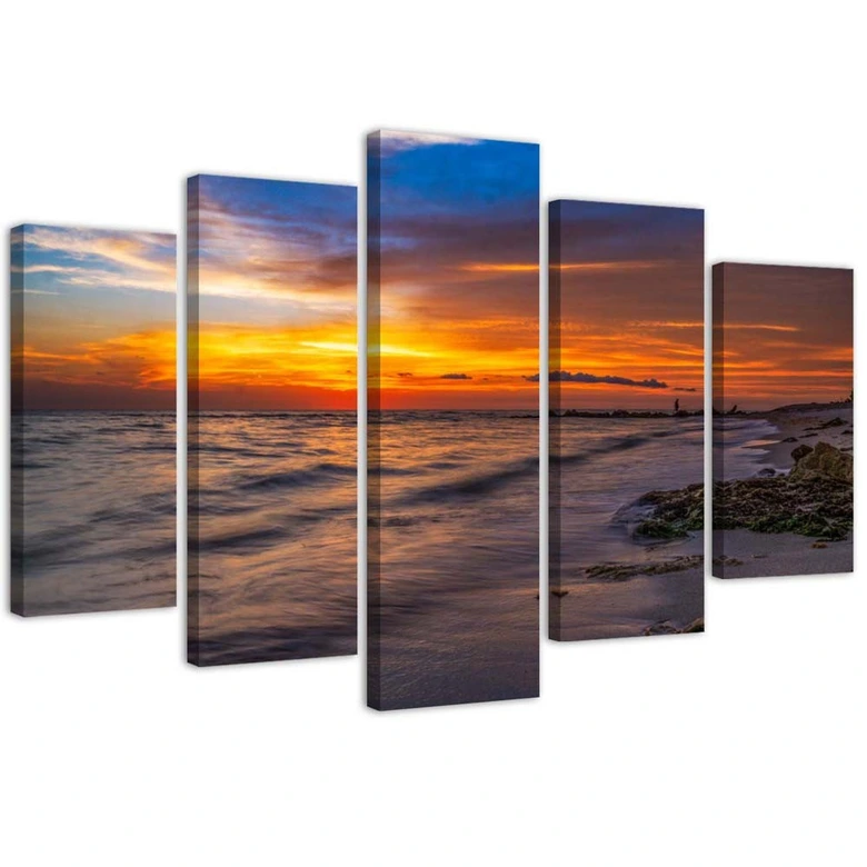 Leinwandbild 5 teilig, Meer bei Sonnenuntergang 
