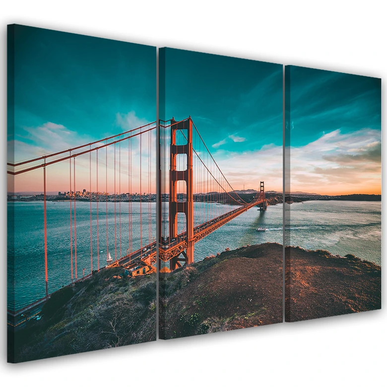 3 stykke lærredstryk, Golden Gate Bridge San Francisco turkis 