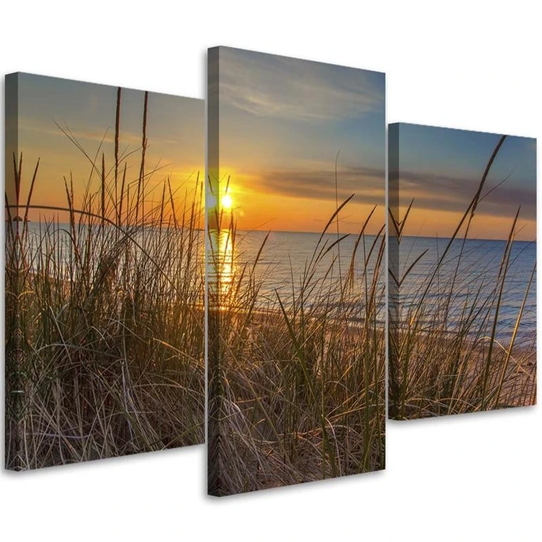 Leinwandbild 3-teilig, Meer Strand Gras Sonnenuntergang 