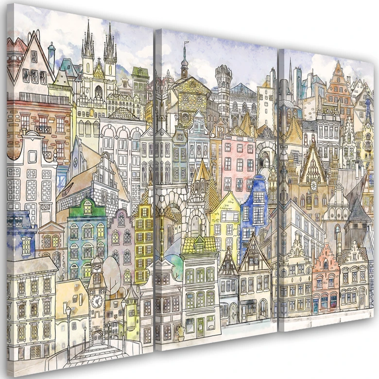 Leinwandbild 3 teilig, Fröhliche Stadt 