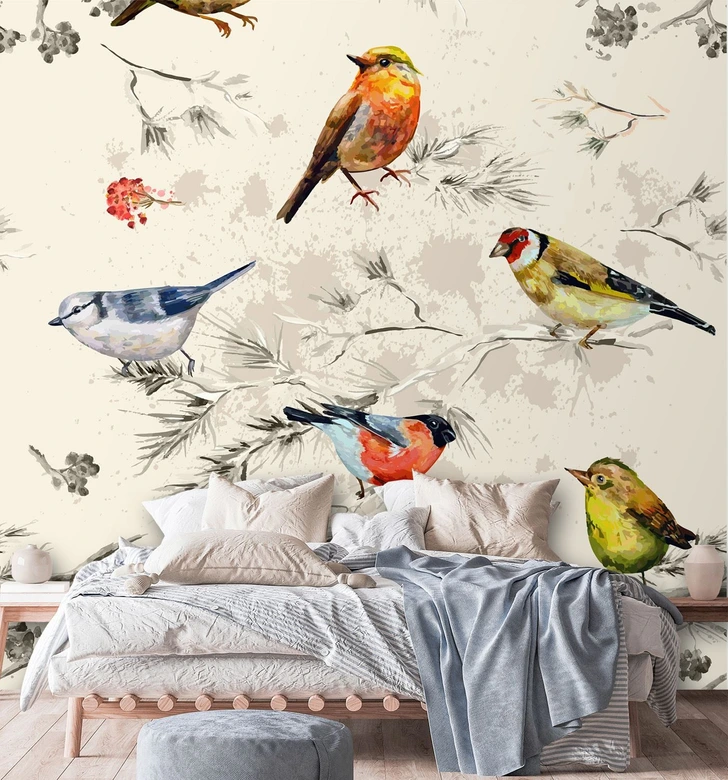 Fototapete, Bunte Vögel mit Aquarellfarben gemalt 