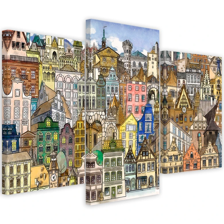 Leinwandbild 3 teilig, Fröhliche Stadt 