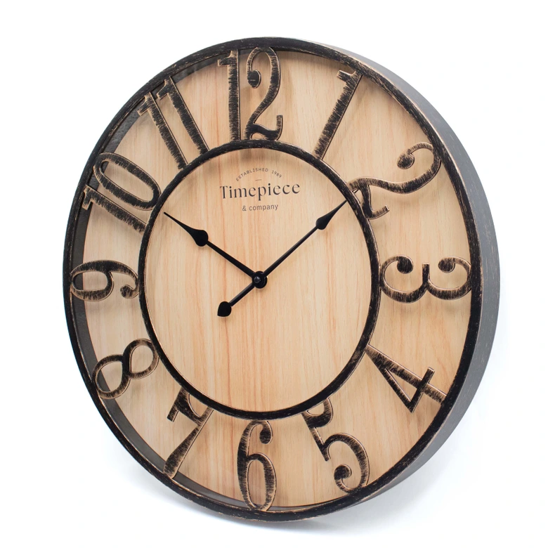 Rustikale Wanduhr in Holz-Metall Optik mit Vintage Ziffern geräuschlos Ø50cm 