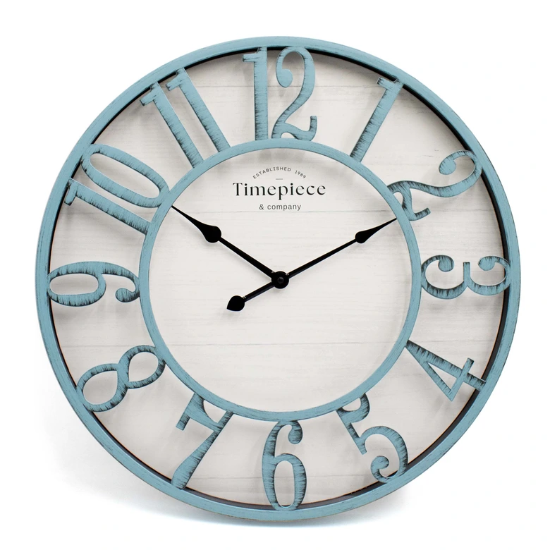 Shabby chic wandklok metaal-hout look in vintage blauw Ø50cm 