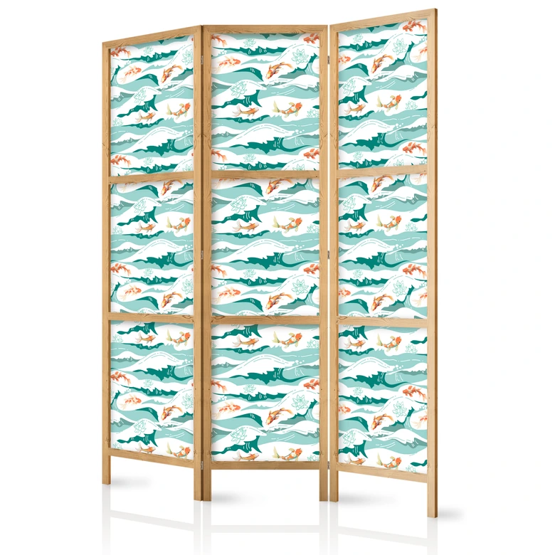 Japanischer Paravent, Raumteiler freistehend, Trennwand - Fish Jumping Over Waves 