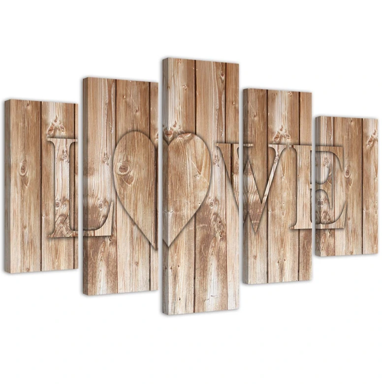 Impression sur toile en 5 parties, Love Inscription Boards Marron 