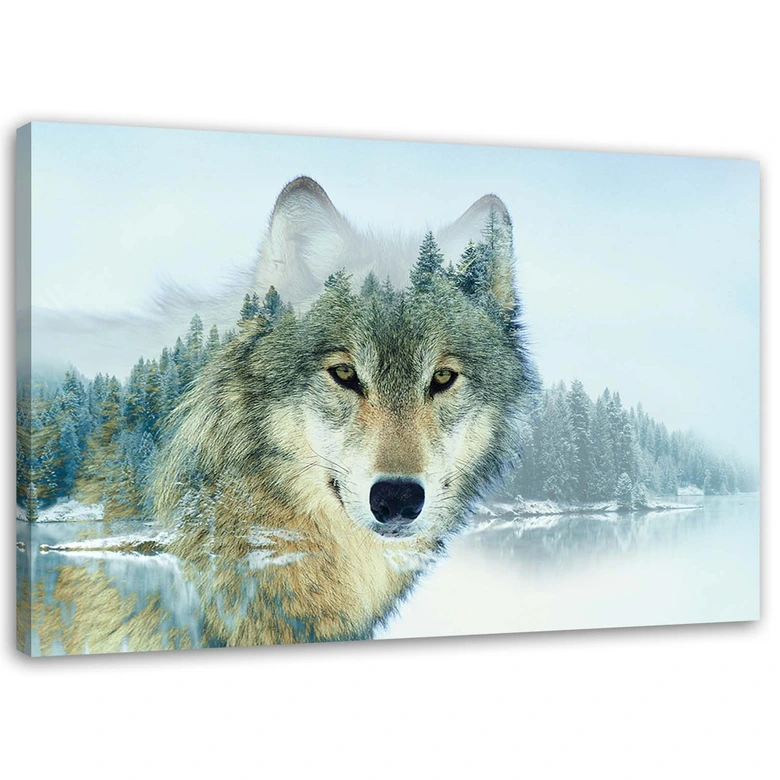 Leinwandbild, Wolf auf einem Berghintergrund 