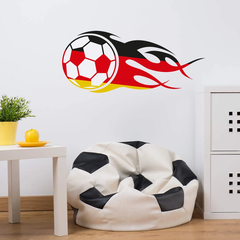 Wandtattoo Fußball mit Flammenschweif schwarz rot gold 