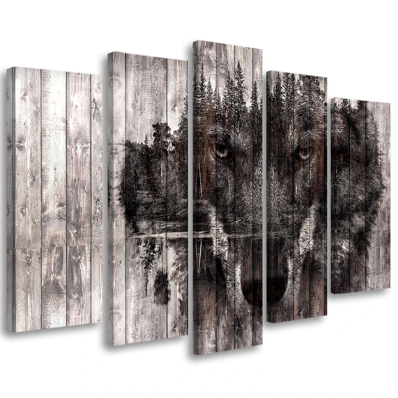 Wandbild 5-teilig, Wolf Wald Retro Vintage 